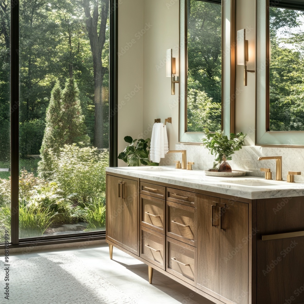 A bathroom with a sink and a mirror. The sink has two faucets and a bowl