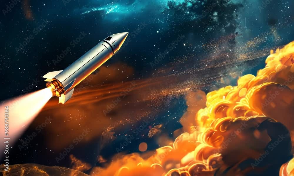 A rocket is flying through space with a trail of fire behind it 4K Video