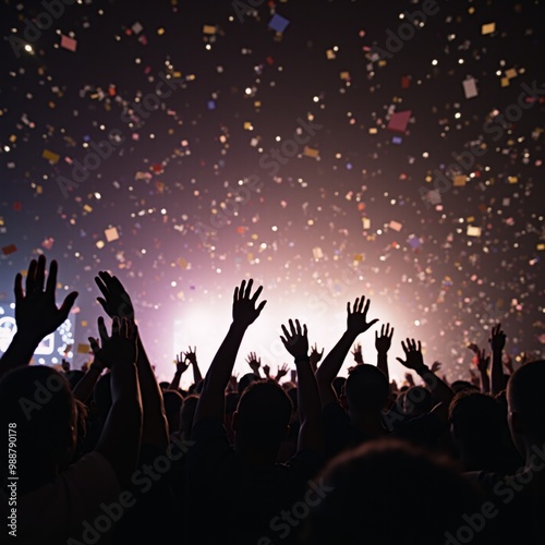 A crowd of people at a concert with their hands in the air.