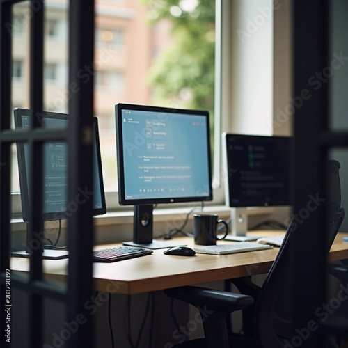 Wallpaper Mural Three computer monitors sitting on top of a wooden desk. Torontodigital.ca