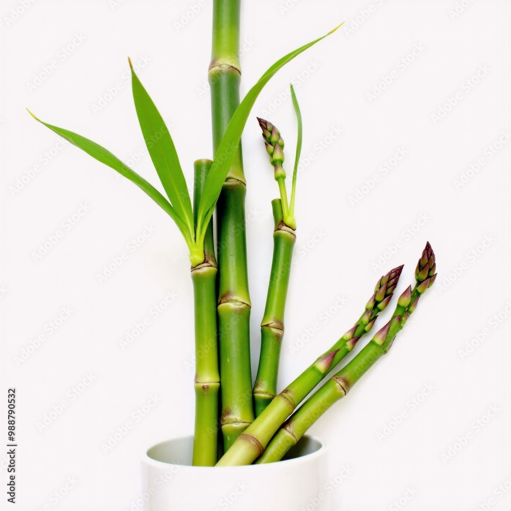 A white vase with a bunch of asparagus in it. A white vase with a bunch of asparagus in it.