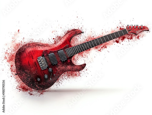Electric guitar with electric sound waves, rock music energy, bold and modern, isolated on white background