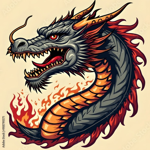 Wallpaper Mural Fierce Tribal Dragon with Flames Vector T-Shirt Design Torontodigital.ca