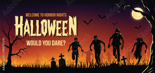 A group of zombies is running through a graveyard under a full moon.