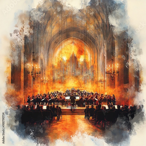 Full choir and orchestra, majestic performance in a cathedral, classical music concert, watercolor style