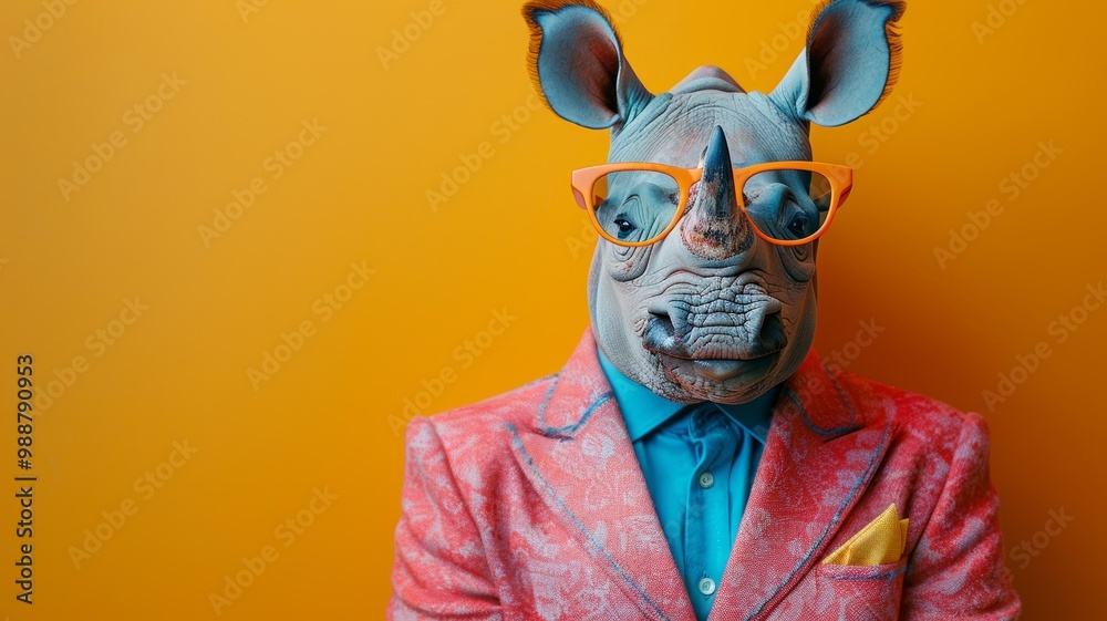 Rhino Wearing Stylish Suit and Sunglasses Against Bright Orange Background Rhino Wearing Stylish Suit and Sunglasses Against Bright Orange Background