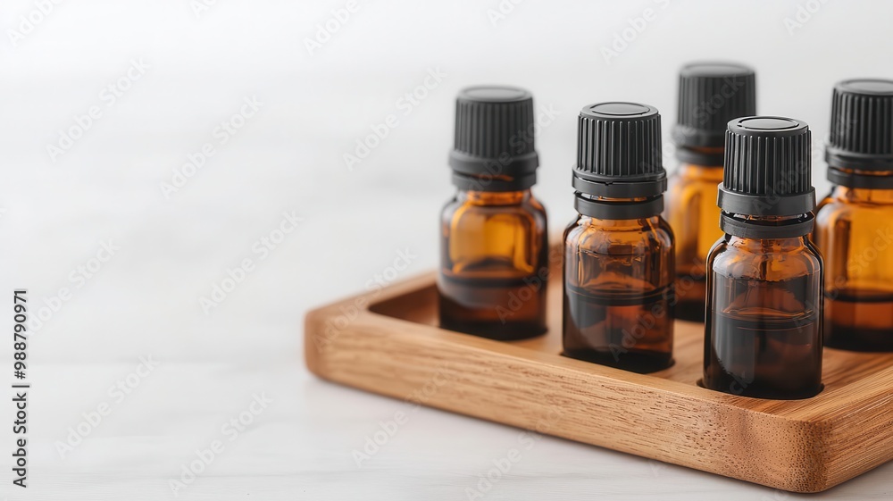 Bottles of essential oils arranged neatly on a wooden tray, ready for a soothing aromatherapy session essential oils, natural therapy Bottles of essential oils arranged neatly on a wooden tray, ready for a soothing aromatherapy session essential oils, natural therapy
