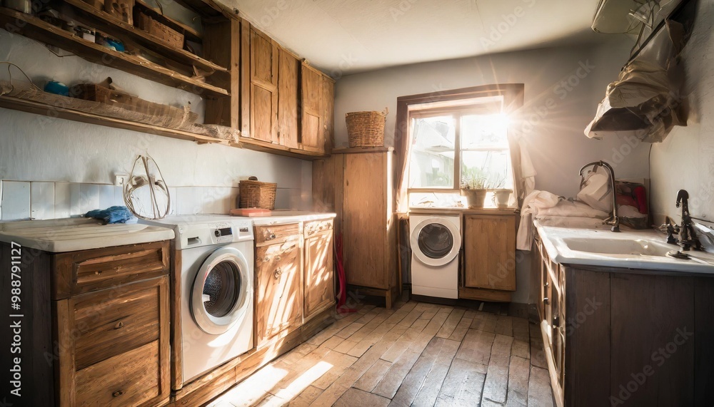 Cozy laundry room with rustic wooden cabinets and vintage-inspired decor Cozy laundry room with rustic wooden cabinets and vintage-inspired decor