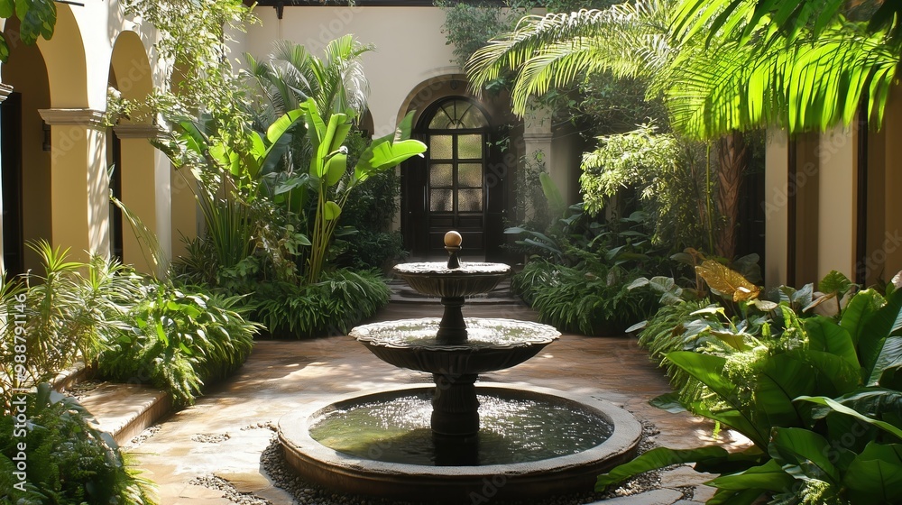 Serene garden courtyard with fountain and lush greenery Serene garden courtyard with fountain and lush greenery