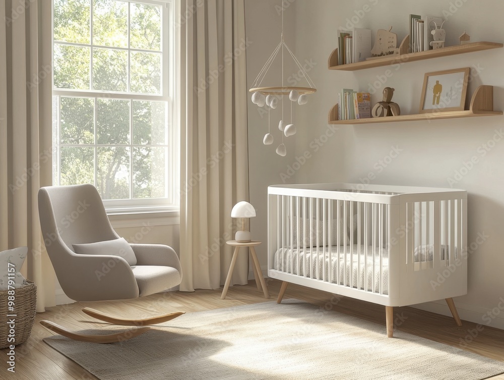 A white crib with a rocking chair next to it. The rocking chair has a wooden headboard A white crib with a rocking chair next to it. The rocking chair has a wooden headboard