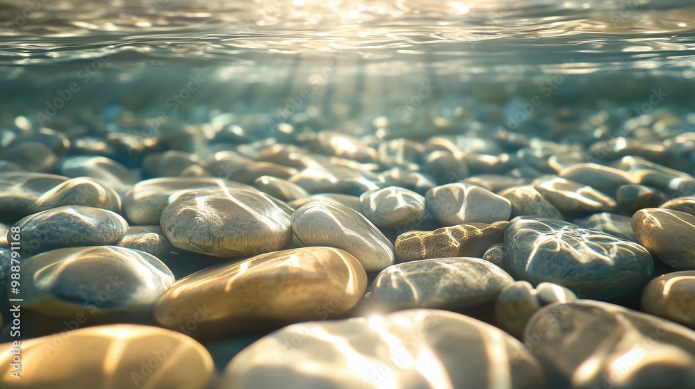 Obraz premium Smooth pebbles resting at the bottom of clear water, enhanced by reflections