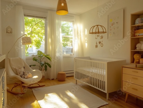 A nursery room with a white crib and a rocking chair. A plant is in the room. A picture of a child is on the wall