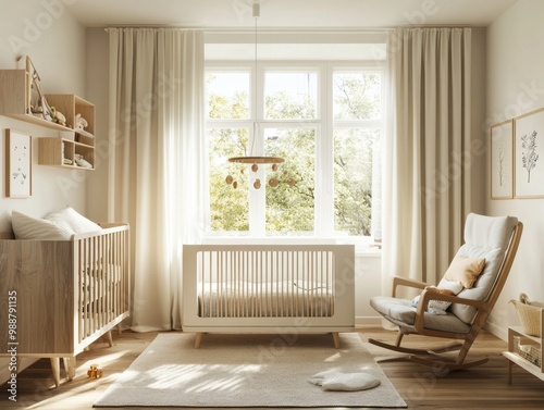 A cozy nursery room with a crib, rocking chair, and a window. The rocking chair is positioned next to the crib, creating a comfortable and safe space for the baby