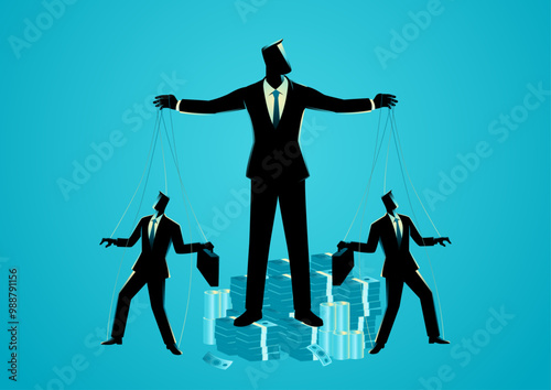 Puppeteer standing on a pile of money, manipulating two businessmen with strings. Symbolizes the idea that wealth controls everything, perfect for themes of power, greed, and corporate dominance
