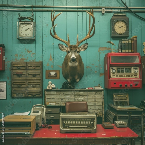 Retro Office with Vintage Decor and Mounted Deer Head on Teal Wall photo