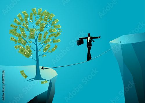 Businessman balancing on a thin rope over a ravine, with a suitcase in hand, striving to reach a money tree on the other side. Concepts of risk and overcoming challenges in business