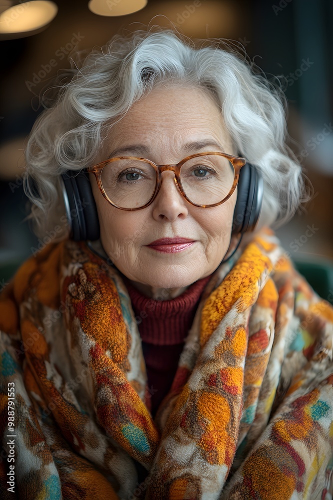 Older woman, wireless headphones on, enjoying an educational webinar on her laptop. A clean, modern home office enhances the learning atmosphere. Older woman, wireless headphones on, enjoying an educational webinar on her laptop. A clean, modern home office enhances the learning atmosphere.