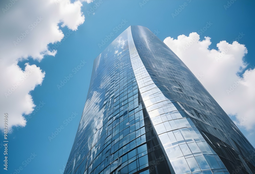 Modern glass and steel skyscraper with curved architectural design against a clear blue sky Modern glass and steel skyscraper with curved architectural design against a clear blue sky