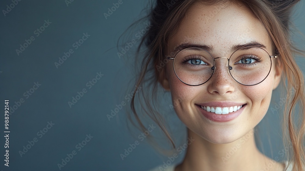 young female college student with glasses smiling brightly in a close-up portrait, set against a clean studio background with copy space, perfect for academic promotion young female college student with glasses smiling brightly in a close-up portrait, set against a clean studio background with copy space, perfect for academic promotion