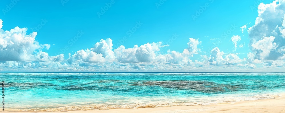 Serene Beach with Sandy Shoreline and Clear Blue Waters Under a Bright Sky with Fluffy Clouds Serene Beach with Sandy Shoreline and Clear Blue Waters Under a Bright Sky with Fluffy Clouds