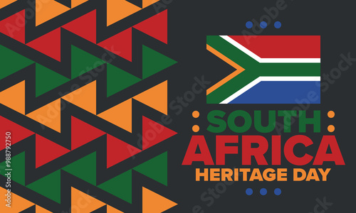 South Africa Heritage Day. Happy holiday. Celebrate culture and traditions of nation. South African flag. Poster with illustration. Pattern design. Vector