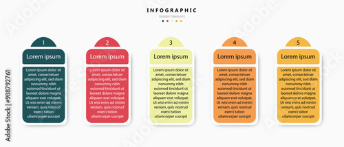 This infographic design template features five colorful labels, each with placeholder text. vibrant colors and clean layout make it ideal for presenting information clearly and effectively.
