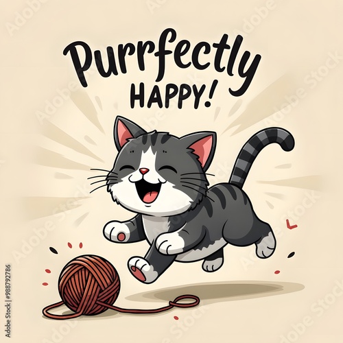 Playful Cat Chasing Yarn Ball, Cartoon Illustration photo