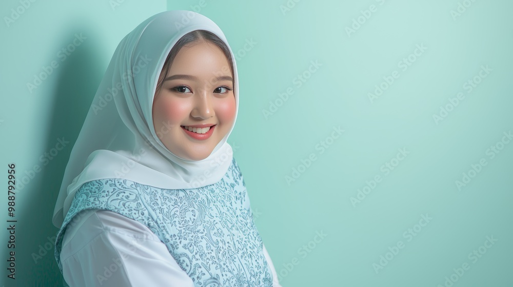 Beautiful Muslim Woman in Hijab Smiling on Pastel Background, Modern Islamic Fashion, Confident and Elegant Beautiful Muslim Woman in Hijab Smiling on Pastel Background, Modern Islamic Fashion, Confident and Elegant