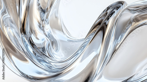Close-up of glass, chrome, silver, and white swirls on a minimalist white background, 3D rendering in surrealist style created using Octane Render, C4D, and Blender. 