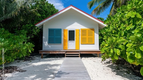 Charming beachfront bungalow with colorful shutters and a pathway leading directly to the beach   beach retreat, cozy design
