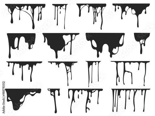 Dripping oil stain. Sticky liquid drips and splashes, slime leak silhouette and paint flow streams and drops for halloween or horror themed designs. Isolated vector set photo