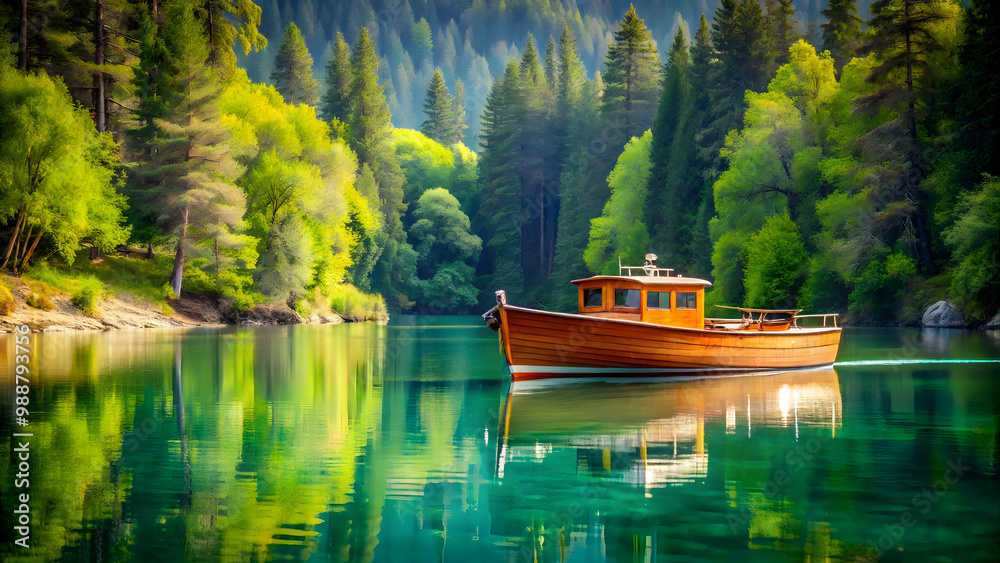 Reflections of tranquility: The glassy surface of the lake mirrors the verdant pines and the elegant wooden boat.” Reflections of tranquility: The glassy surface of the lake mirrors the verdant pines and the elegant wooden boat.”