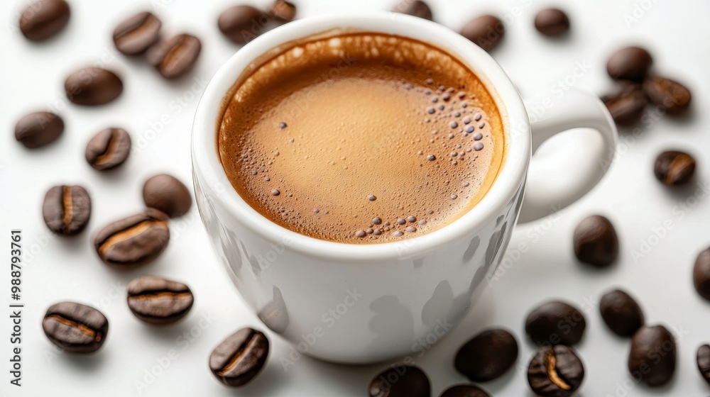 A cup of black coffee with rich crema surrounded by glossy coffee beans on a pristine white background, highlighting contrast and simplicity. A cup of black coffee with rich crema surrounded by glossy coffee beans on a pristine white background, highlighting contrast and simplicity.