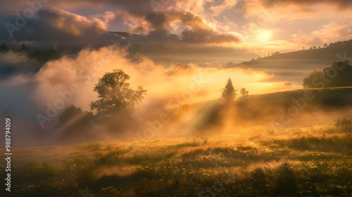 Golden Hour Sunrise Over Foggy Mountain Field