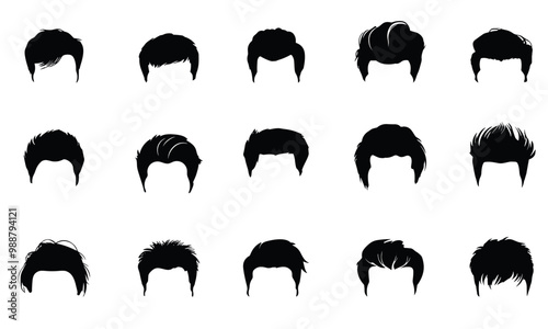Male hairstyles front view silhouette icons set. Fashionable haircuts for man. Wigs. Concept of barber shop personal care. Simple black and white flat style isolated vector clipart collection