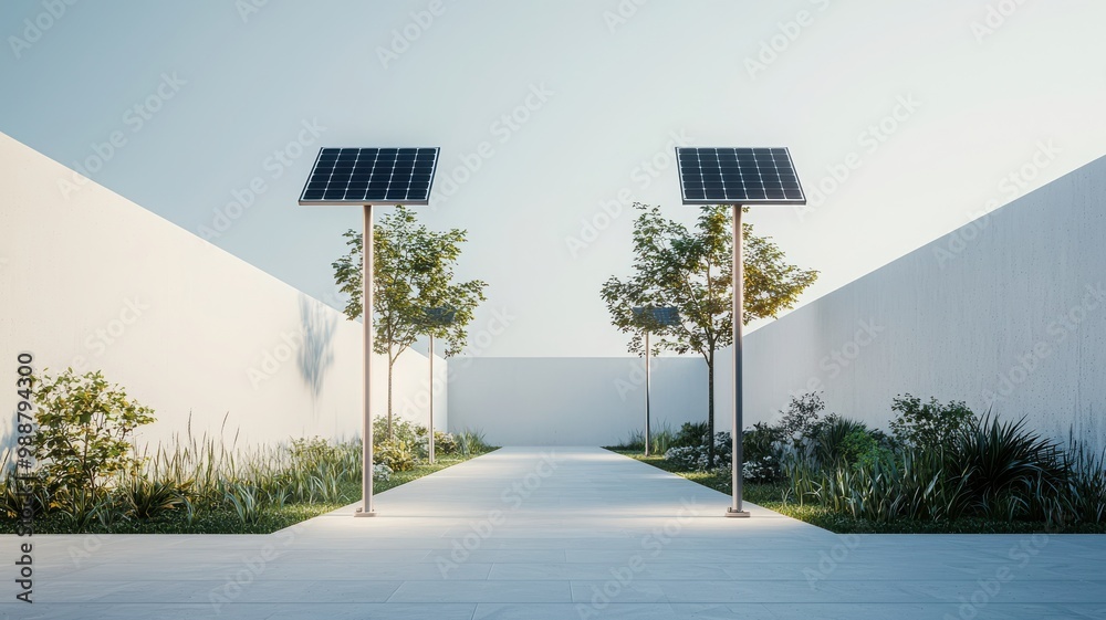 Obraz premium A serene pathway lined with solar panels and greenery, showcasing sustainable energy in a modern landscape design.