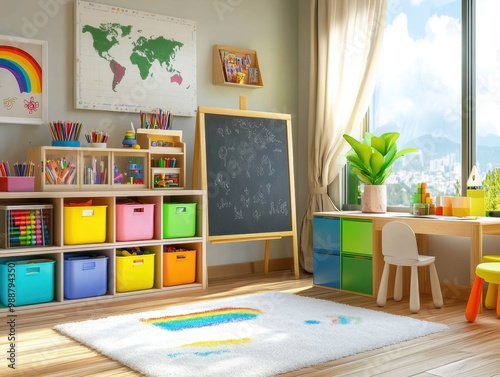 A room with a chalkboard and a rainbow rug. There are many toys and books scattered around the room