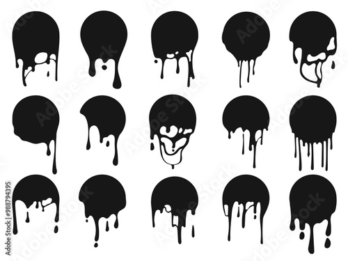Melted circle. Paint drip splatter, melt stickers and liquid round frame background with dripping ink pattern. Graffiti blobs isolated vector silhouettes set