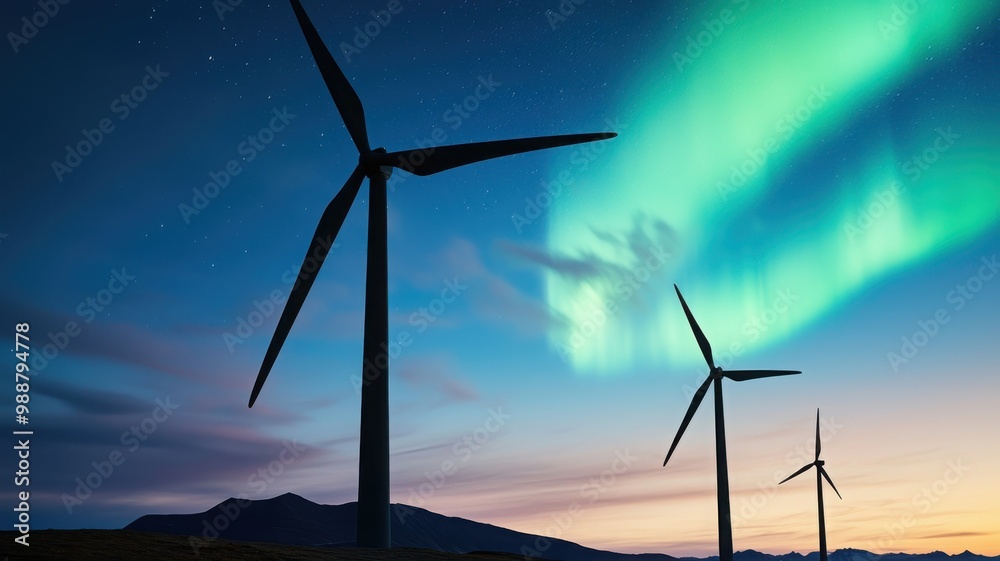 Obraz premium Majestic wind turbines illuminated by the northern lights under a twilight sky, showcasing renewable energy and natural beauty.