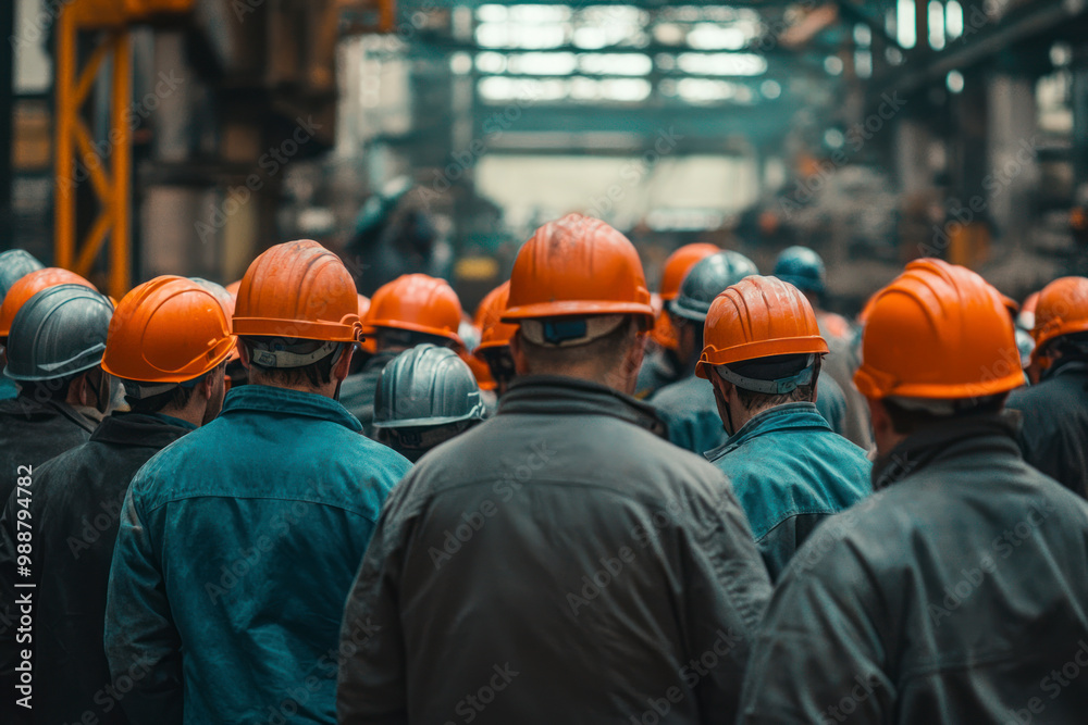 Workers helmets at the factory, view from the back, group of workers. Workers helmets at the factory, view from the back, group of workers.