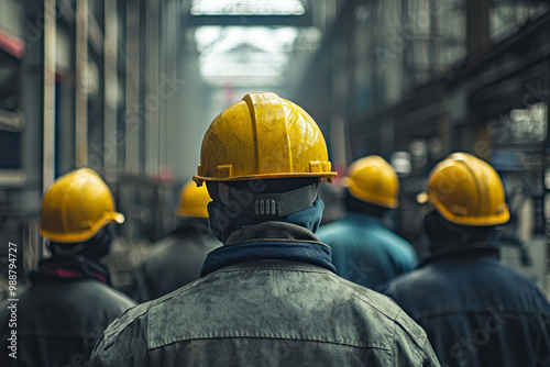 Workers helmets at the factory, view from the back, group of workers.