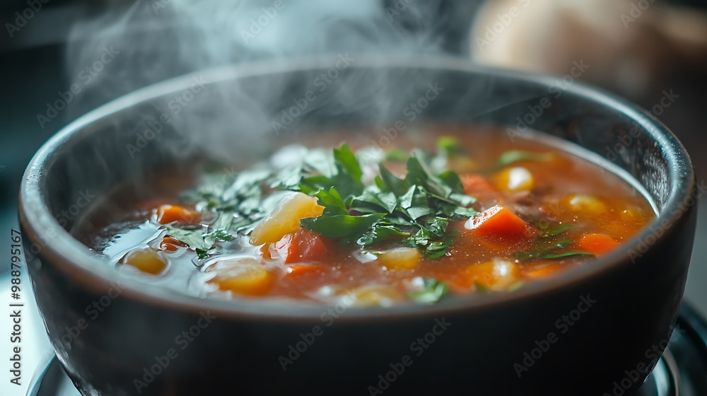 Close-up of a steaming bowl of vegetable soup with parsley garnish.