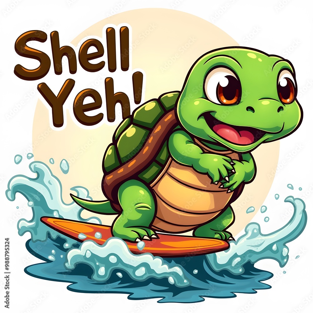 Obraz premium Shell Yeah! Cartoon Turtle Surfing Illustration