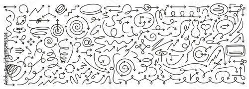 Thin line arrows. Hand drawn direction arrow doodles, curvy swirls, pointing frames, zigzags, swirl loops and wavy curves pointers for infographic designs