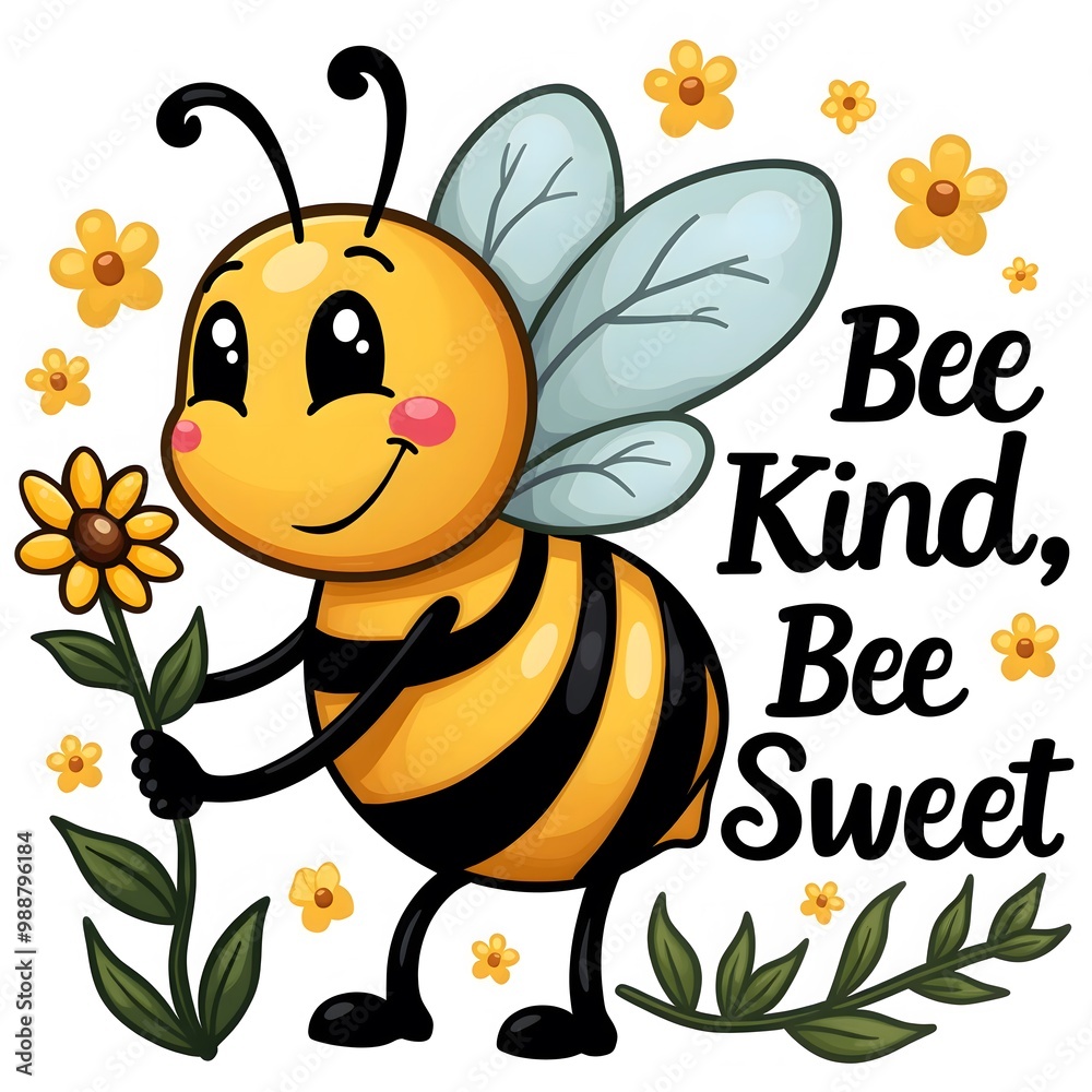 Smiling Bee Holding Flower, Bee Kind, Bee Sweet Illustration Smiling Bee Holding Flower, Bee Kind, Bee Sweet Illustration