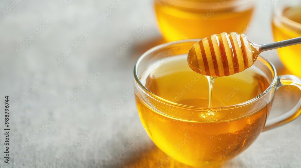 Close-up of golden honey dripping from a spoon into a clear glass cup of tea natural sweetener, honey in tea Close-up of golden honey dripping from a spoon into a clear glass cup of tea natural sweetener, honey in tea