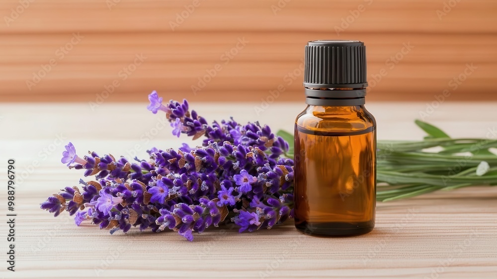 Close-up of lavender flowers next to a bottle of lavender essential oil, symbolizing natural relaxation lavender oil, calming aromatherapy Close-up of lavender flowers next to a bottle of lavender essential oil, symbolizing natural relaxation lavender oil, calming aromatherapy