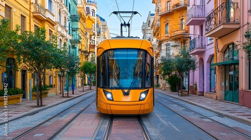 A vibrant yellow tram on city tracks, surrounded by colorful buildings.