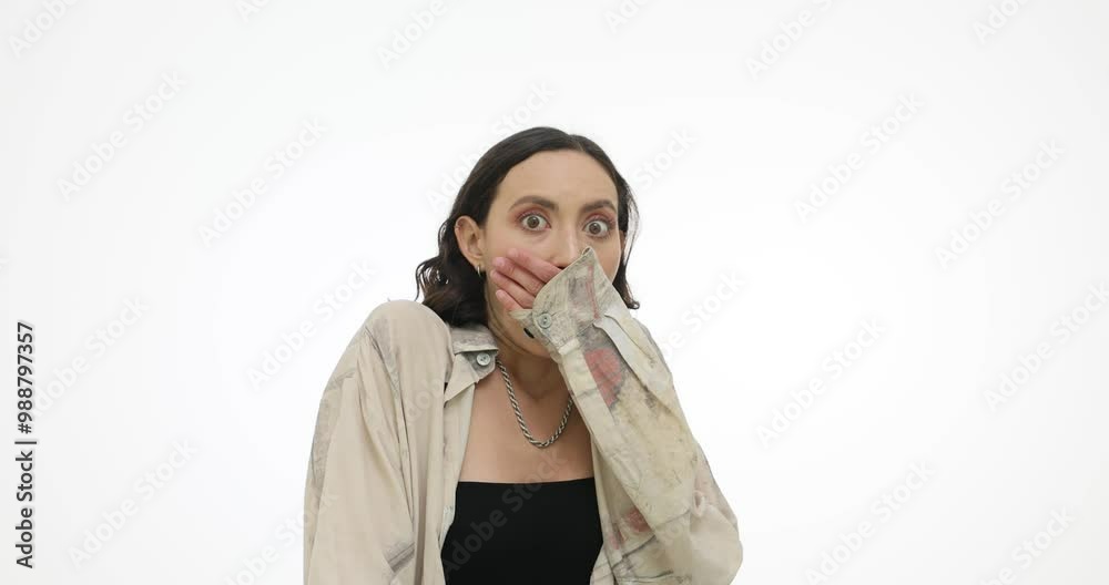 Shocked woman experiences fear covering mouth with hand slow motion on white background in studio. Emotional brunette female feels negative emotions Shocked woman experiences fear covering mouth with hand slow motion on white background in studio. Emotional brunette female feels negative emotions
