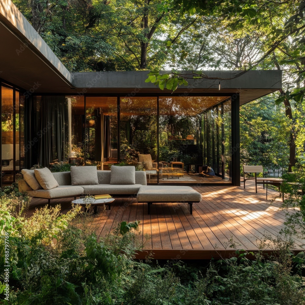 Obraz premium A house with a large patio and a wooden deck. The deck has a couch and a coffee table
